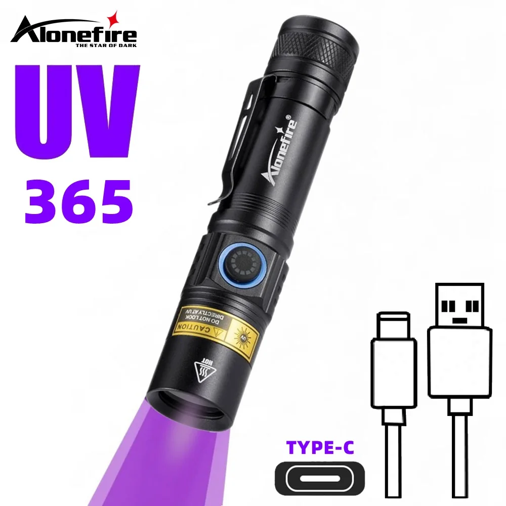 Alonefire SV90 365nm UV Flashlight Zoom 15W Type C USB Rechargeable Black Light Money Detector For Resin Curing, Pet Urine, Scorpion, Fishing, Mineral, Cure Glue With UV Protective Glasses, Battery