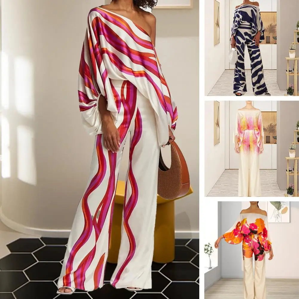 

Casual Satin Print Outfit Sets Women Hollow Off Shoulder Tops Long Pants summer outfits for women 2023 conjuntos de pantalón