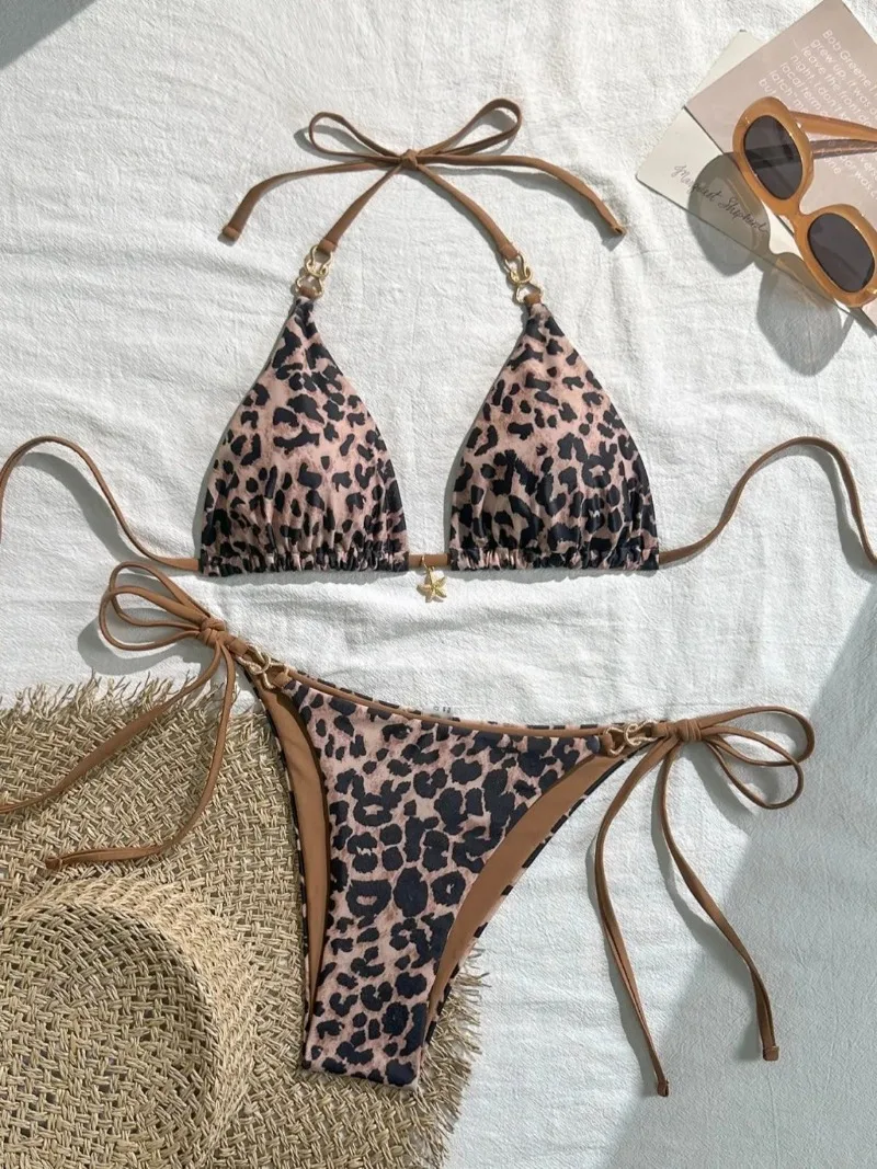 2025 New Arrival European and American Leopard Print Halter Bikini Set for Women, Sexy Swimsuit