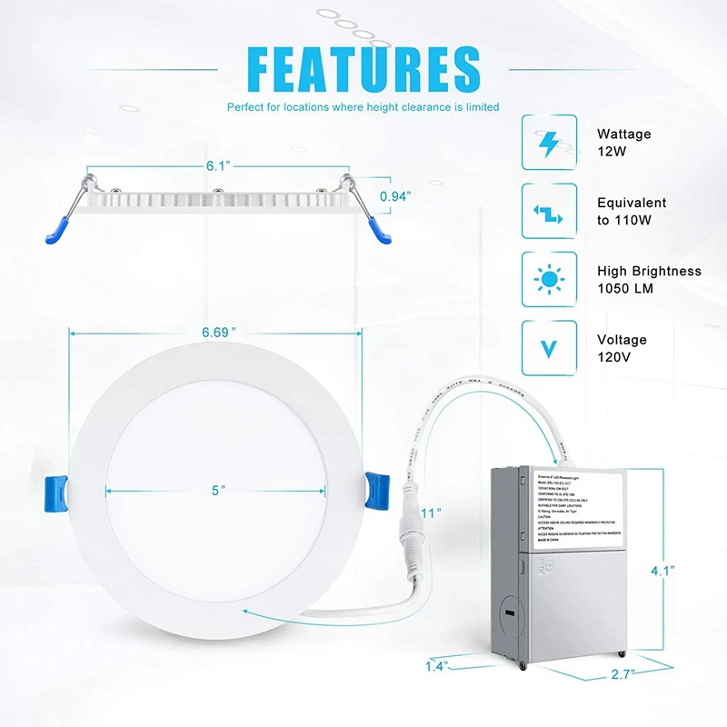 초박형 LED 매입형 천장 조명, 정션 박스 포함, 조도 조절 다운라이트, 12W, 4000K, 6 개