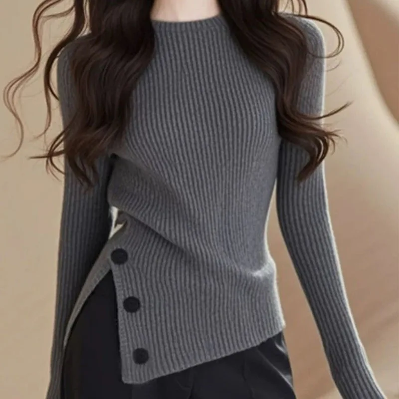 Autumn Winter Fashion Simple Knit O-neck Sweaters Women's Vintage Chic Asymmetrical Pullovers Office Lady Elastic Slim Solid Top 4