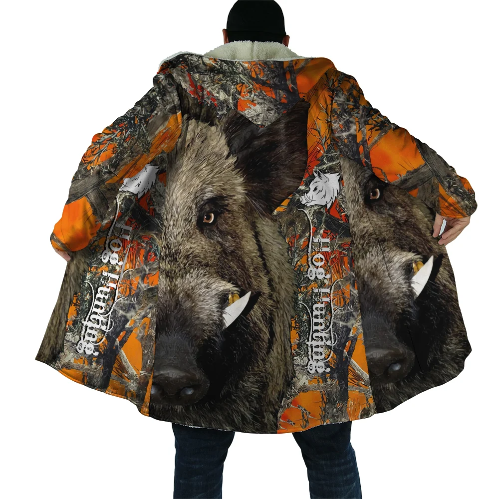 

CLOOCL Winter Men Hooded Cloak Wild Boar Pig Hunting Graphic Print Fleece Wind Breaker Unisex Casual Thick Warm Hood Cloak Coat