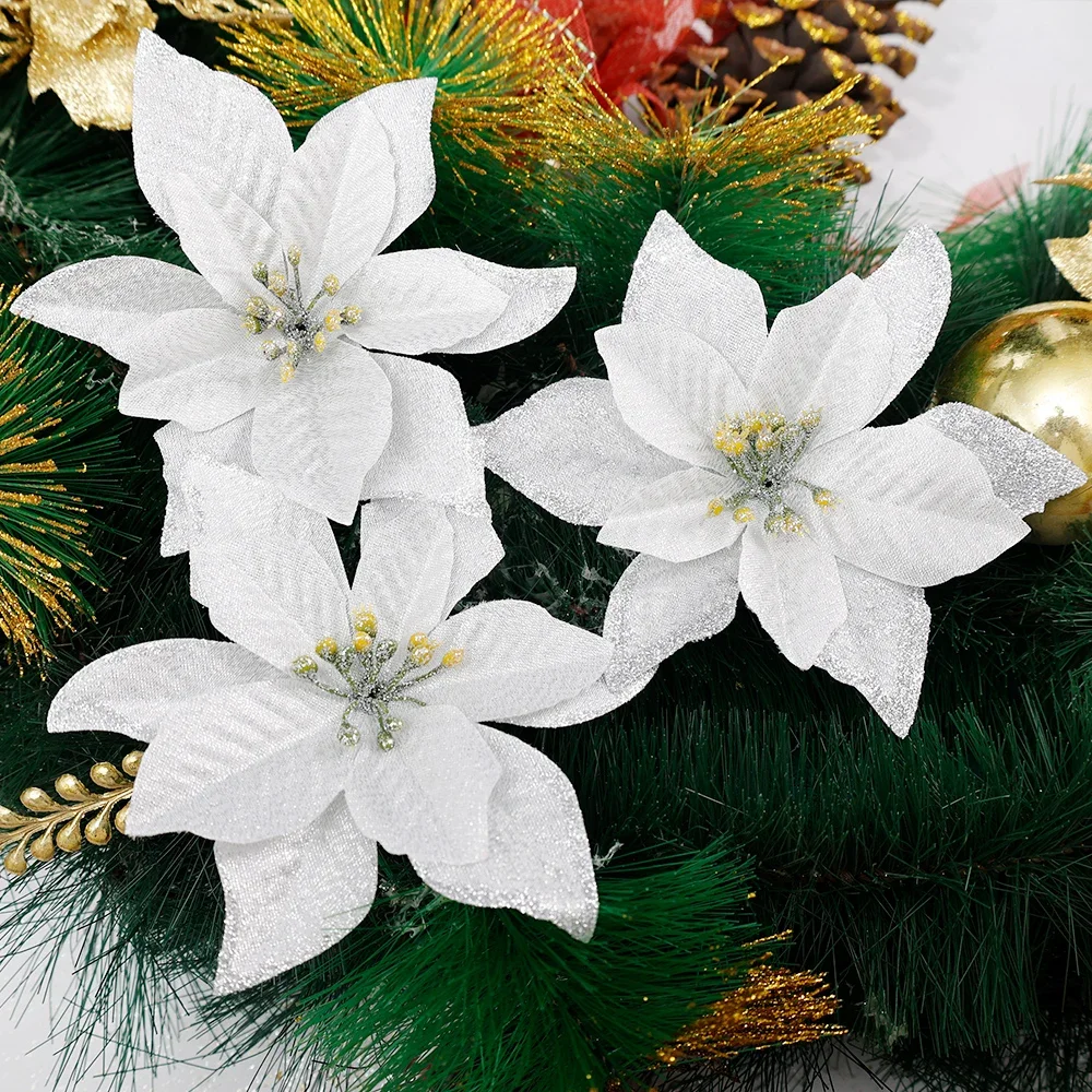 Artificial Glitter Xmas Flower Poinsettia Flower Head Christmas Tree Wreath Ornament Home Decoration Navidad New Year Decoration