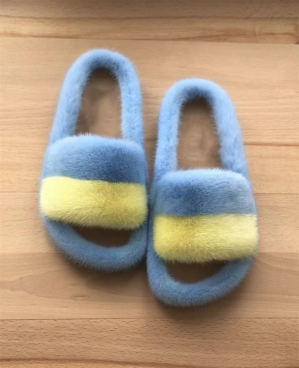 Sommerliche flauschige Fellpantoffeln für Damen, natürliche Nerzfell-Slides, flache Outdoor-Slipper, bequeme Sandalen mit weicher Sohle für Frauen – Detail 11