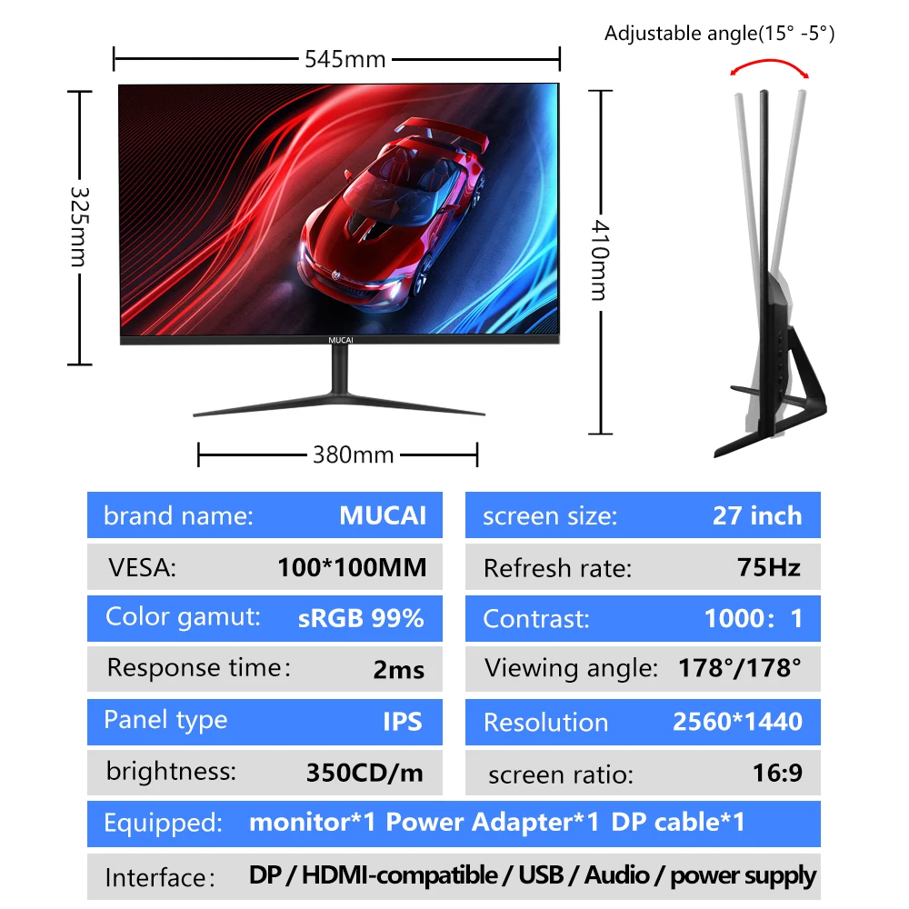 MUCAI ũž PC LCD QHD ÷  г, ǻ LED 2560*1440 HDMI ȣȯ DP, 27 ġ 2K , 75Hz