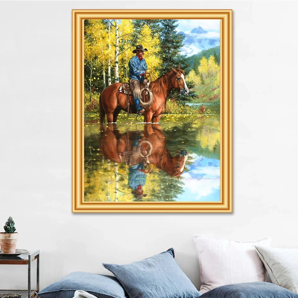 5D Handmade Diamond Painting Cowboy and Horse Picture Full Square Round Diamond Number of Mosaic Embroidery Home Wall Decor Gift