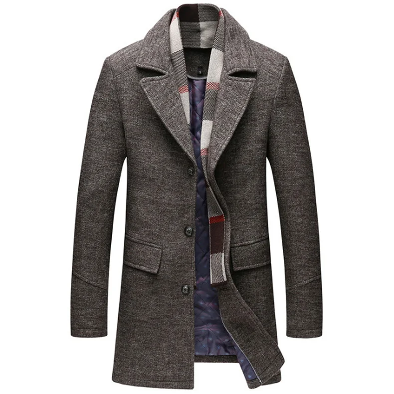 

Dropshipping Newest British Style Wool Blends Jacket Men Winter Thick Woolen Coat Detachable Scarf Long Trench Coat Men Overcoat