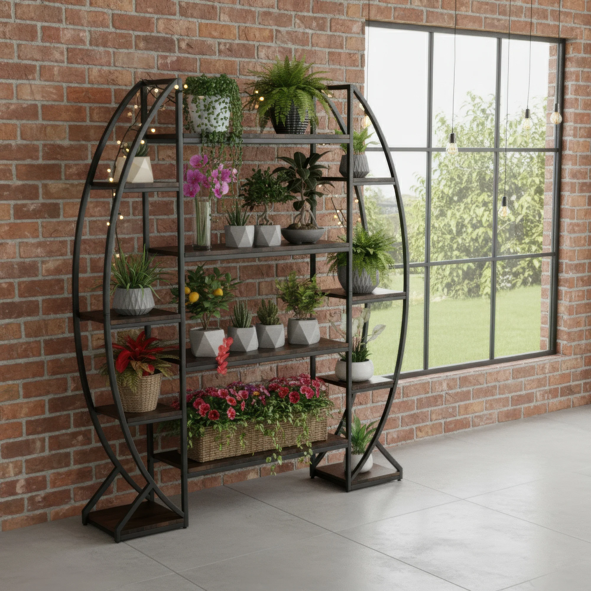 25299-387E8A.jpg indoor flower pot stand with curved 8 tiered metal plant shelf