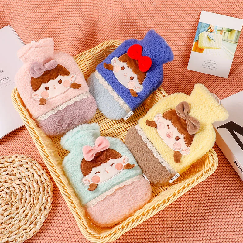 

Cute Plush Girl Hot Water Bag 500ML 1000ML 2000ML Water-filled Warm Water Bag High Density PVC Inner Liner Heat Water Bottle