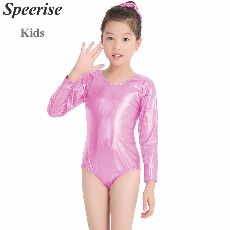 Speerise Kids Shiny Metallic Lycra Leotards Girls Toddler Clothes Dance Ballet Gymnastics Suit Long Sleeve Costume Boys Silver