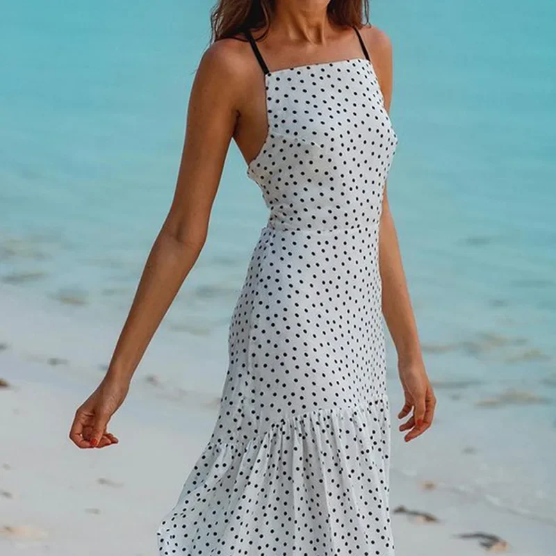 2023 Summer Women's Polka Dot Printed Long Dress Thin Shoulder Strap Robe New Style Sling Tight Backless Fashion Wrap Dress Set