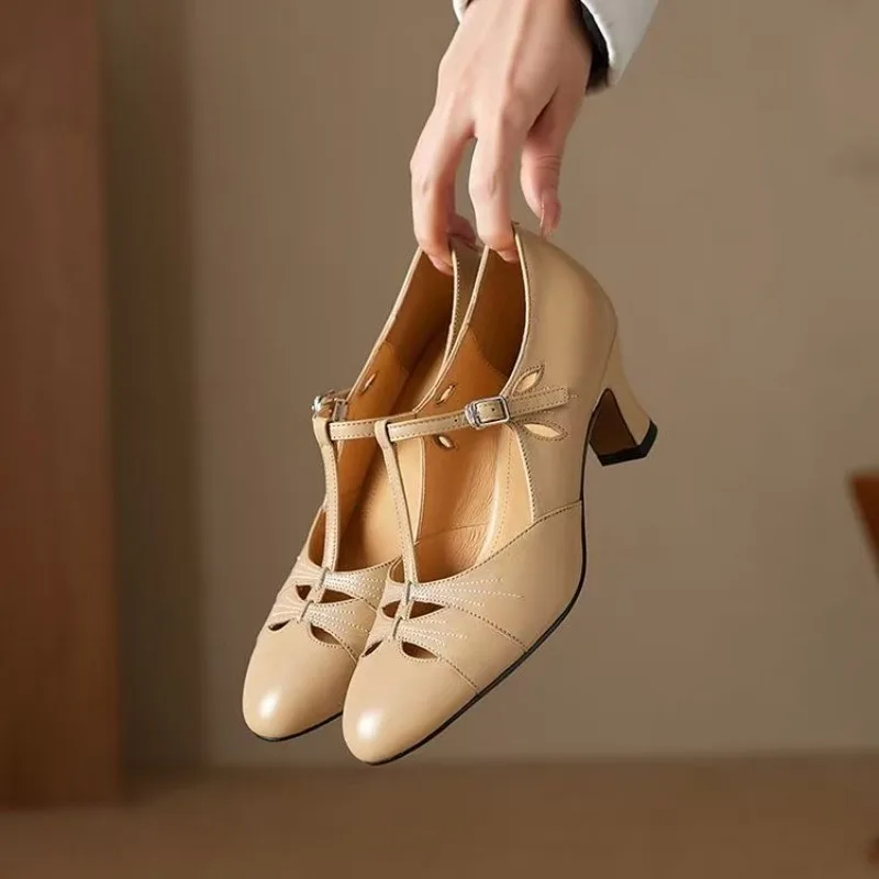 Elegant Women's Sandals Summer Shoes 2025 Genuine Leather Ankle Straps Red Nude Low Heels Flip Flops Female Party Shoe Close Toe 2