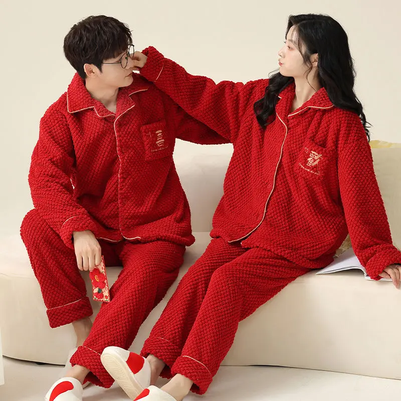 Red Wedding Couple Pajamas Winter New Coral Fleece Thickened Fleece-lined Men Homewear Suit Women Casual Warm Nightclothes Sets