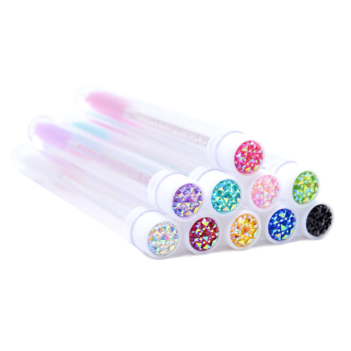 10 pieces of reusable sparkle eyelash brush mascara wands in eye tubes, lash eyebrow spoolie combs with storage case.