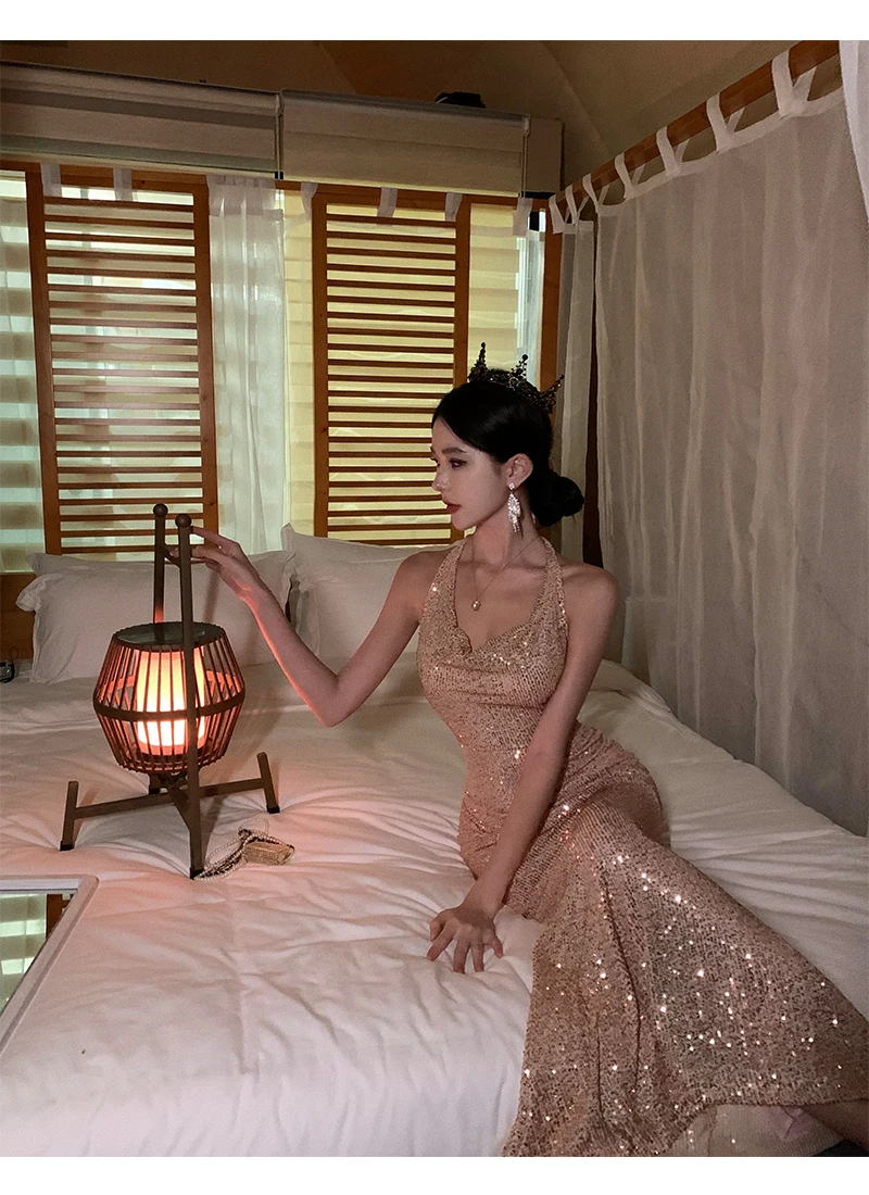 Sexy Bodycon Long Dresses for Women Halter Sleeveless Backless Evening Party Dress Sequined Prom Robe Summer Maxi Vestido Mujer