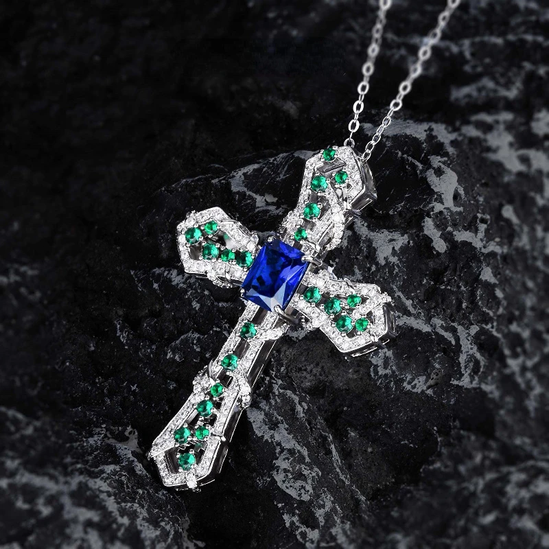 

Vintage Lab Sapphire Diamond Cross Pendant Real 925 Sterling Silver Party Wedding Pendants Chocker Necklace For Women Jewelry