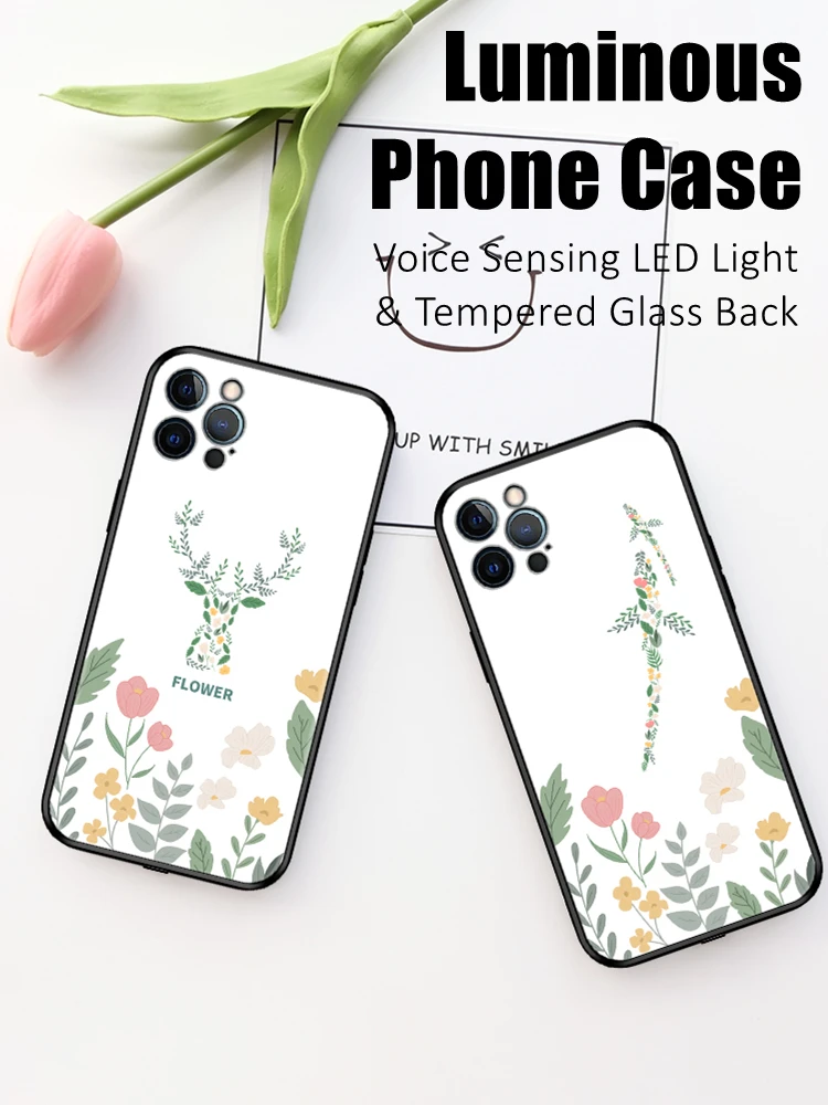 

Floral Deer LED Light Glowing Luminous Tempered Glass Back Phone Case for Huawei P30 40 50 60 Mate 60 50 40 Nova 9 Pro Plus