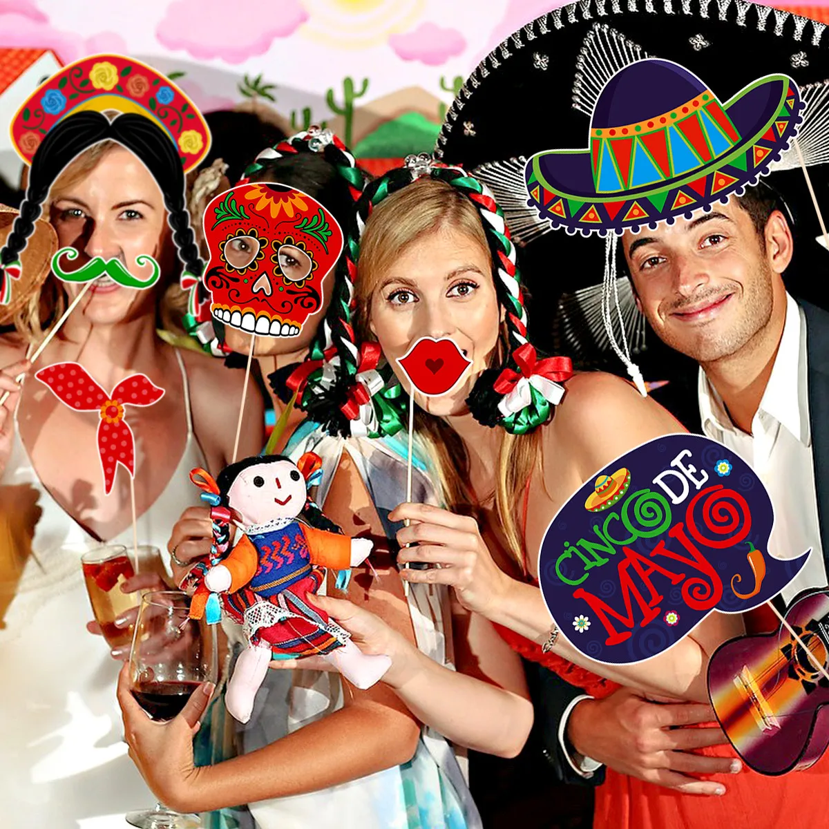 피에스타 파티 장식 용품 재미있는 포토 부스 소품 멕시코 신코 마요 얼굴 마스..