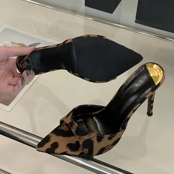 Liyke Summer White Patent Leather Women Slippers Sandals Sexy Leopard Print Pointed Toe Mules High Heels Party Stripper Shoes 1