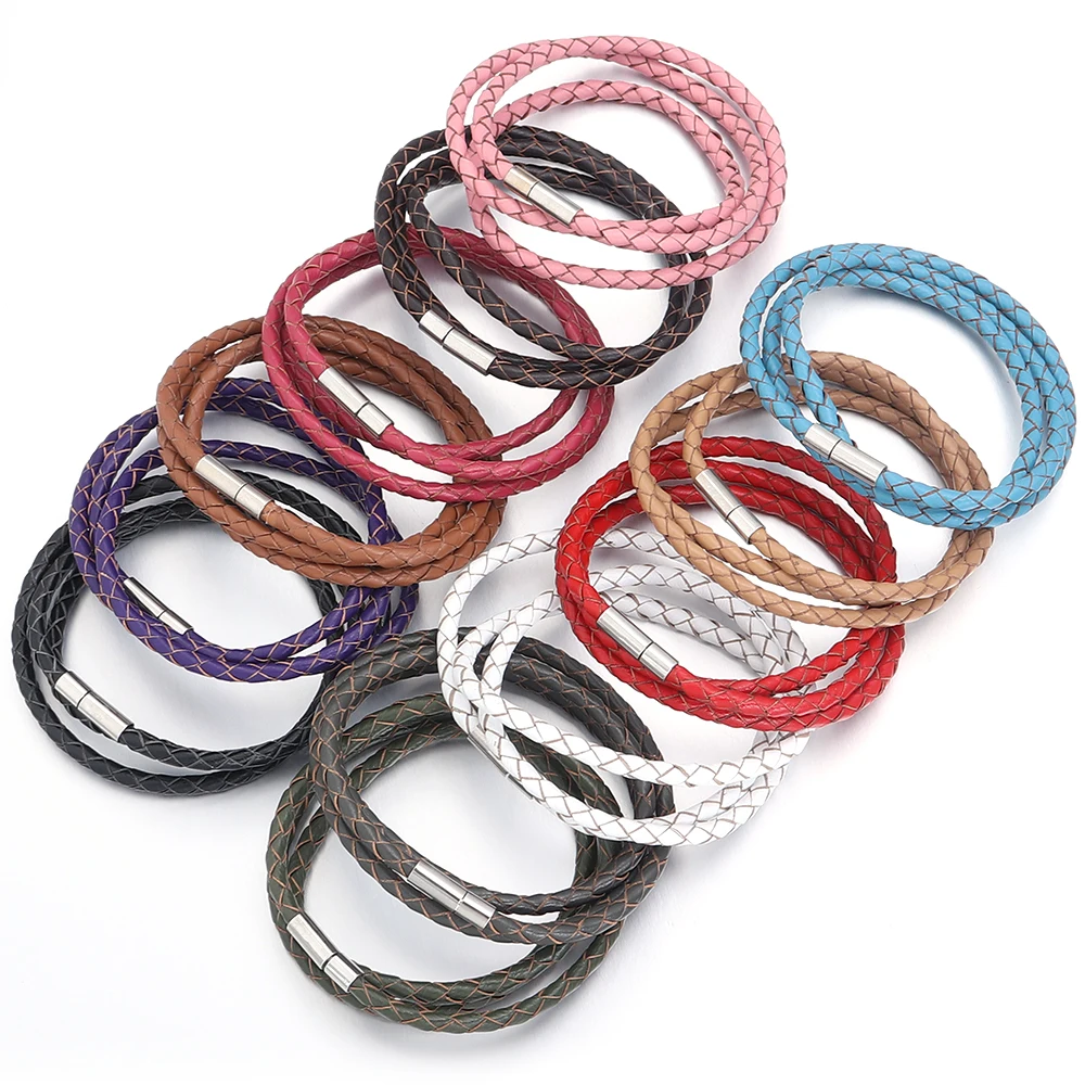 1Strand Wide 4mm Genuine Braided Leather Bracelet bracelet jewelry Three Circles Magnetic Clasps Charm Bangle For Men Women jewelry Gifts