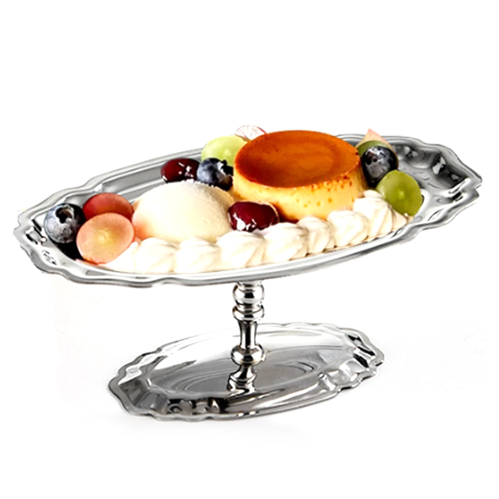 Footed Dessert Stand Footed Dessert Serving Tray 304 Stainless Steel Oval Footed Display Serving Plate for Ice Cream Salad Fruit