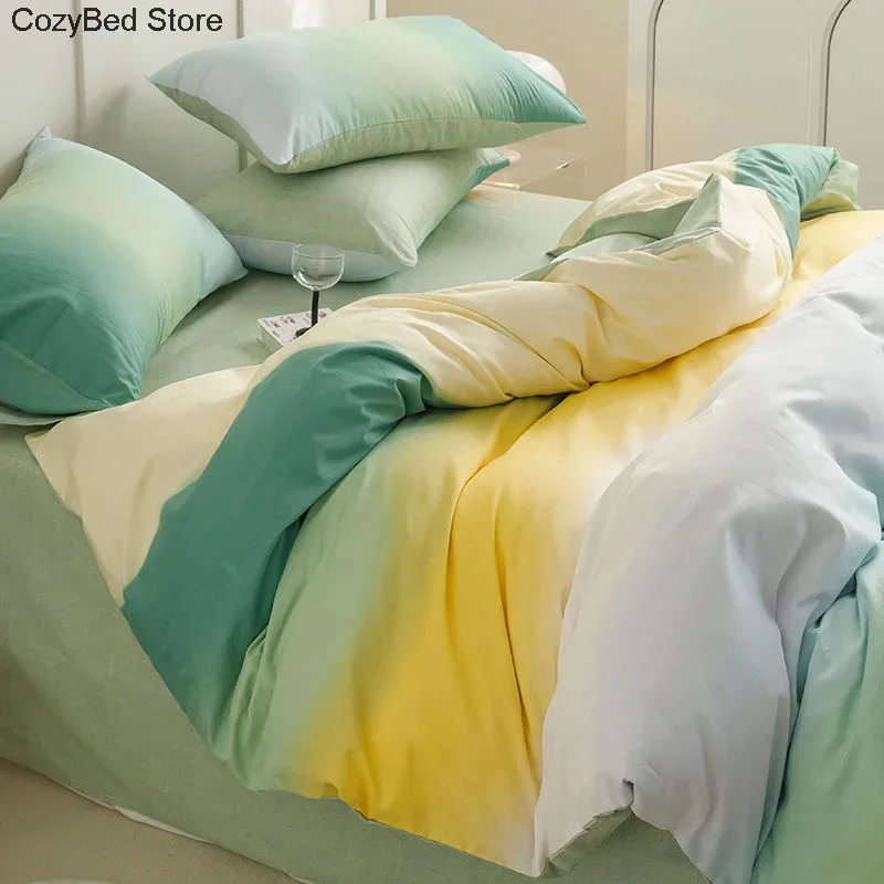 

New Gradient Color Bedding Set Adult Teens Fashion Duvet Cover Soft Queen King Full Size Flat Bed Sheet Quilt Cover Pillowcase