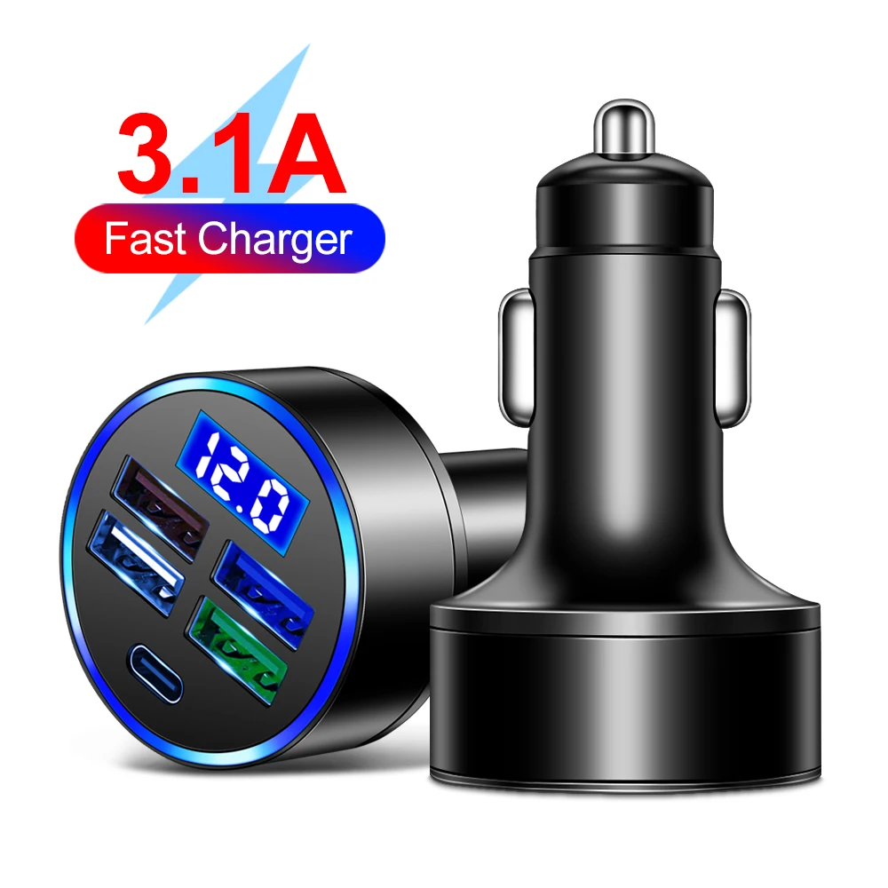 

3.1A 5 Ports Car Charger Fast Charging Adapter 4 USB PD Type C Car USB Charger With LED Phone Charger For Xiao mi Huawei Iphone