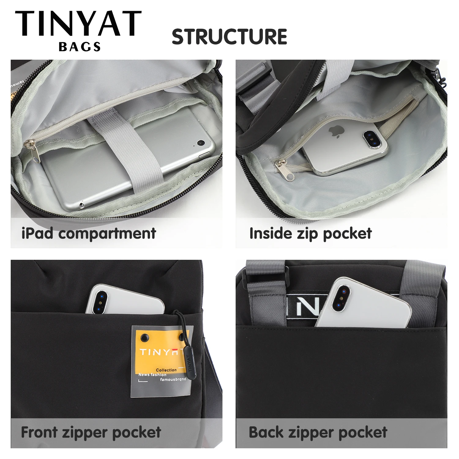 TINYAT Women Waterproof Nylon Crossbody Bag Mini Shoulder Sling Bag Short Travel Adjustable Women Messenger Bags Shoulder Pack