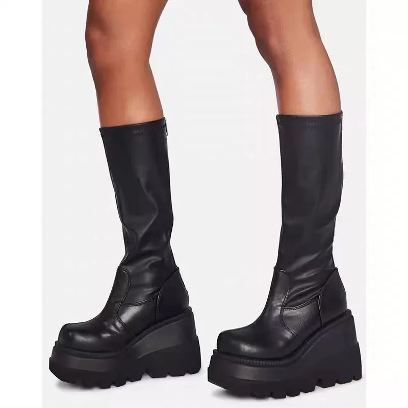 Platform Boots Winter Women Mid-calf Wedge High Heel Lace Up Zip