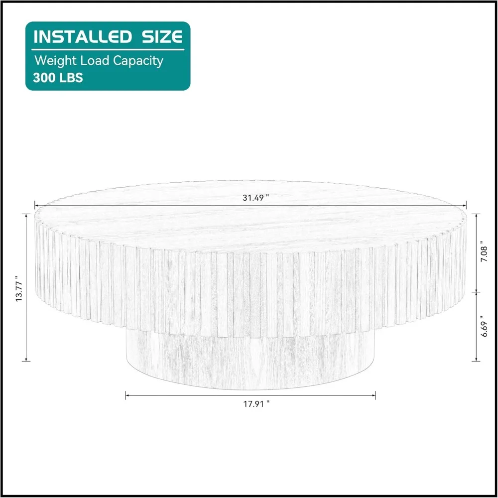 31.49'' Black Round Coffee Table Modern Wood Coffee Table for Living Room, Contemporary Circle Fluted Drum Tabl