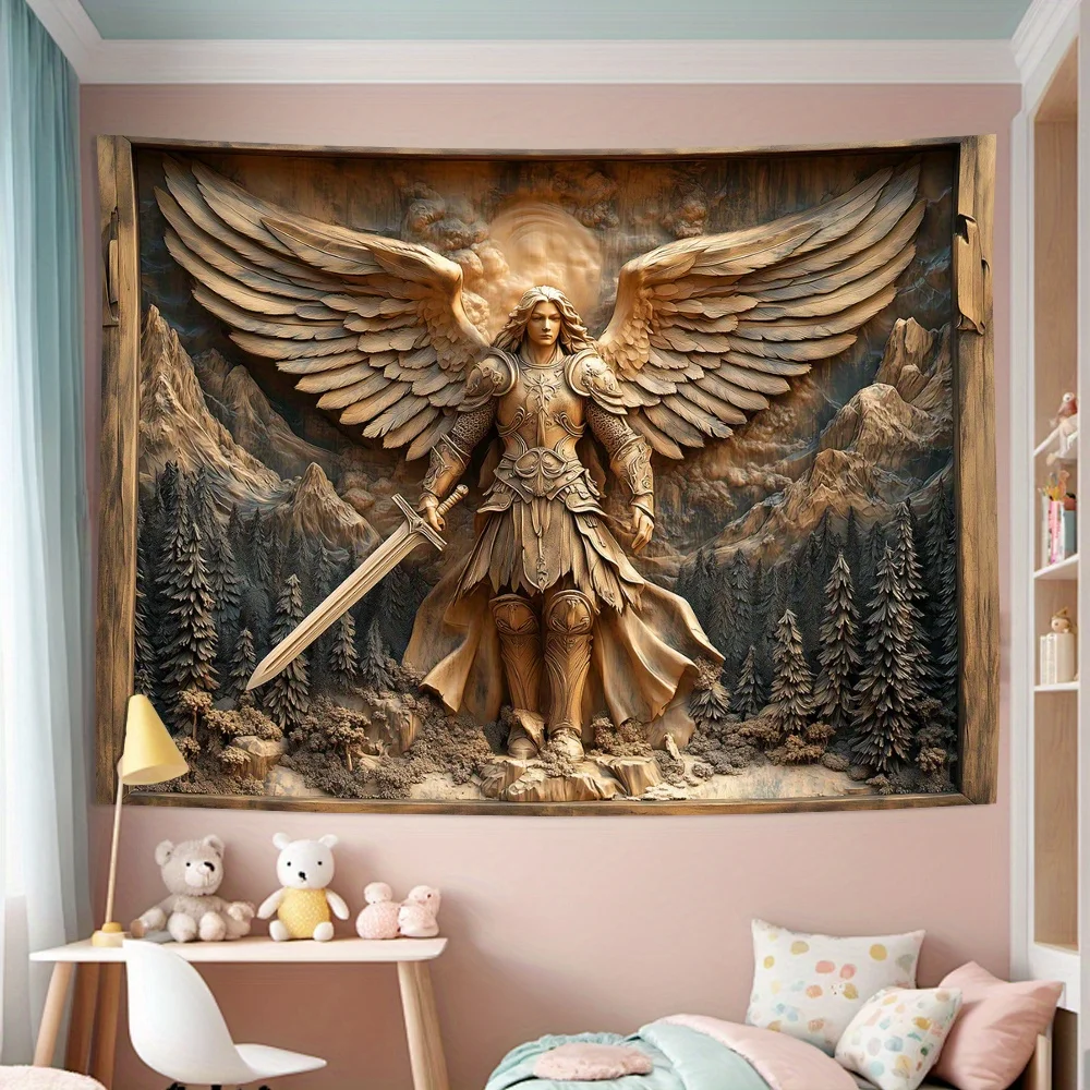 Tapisserie Murale Archange Michel Effet Bois Sculpté - Grand Format