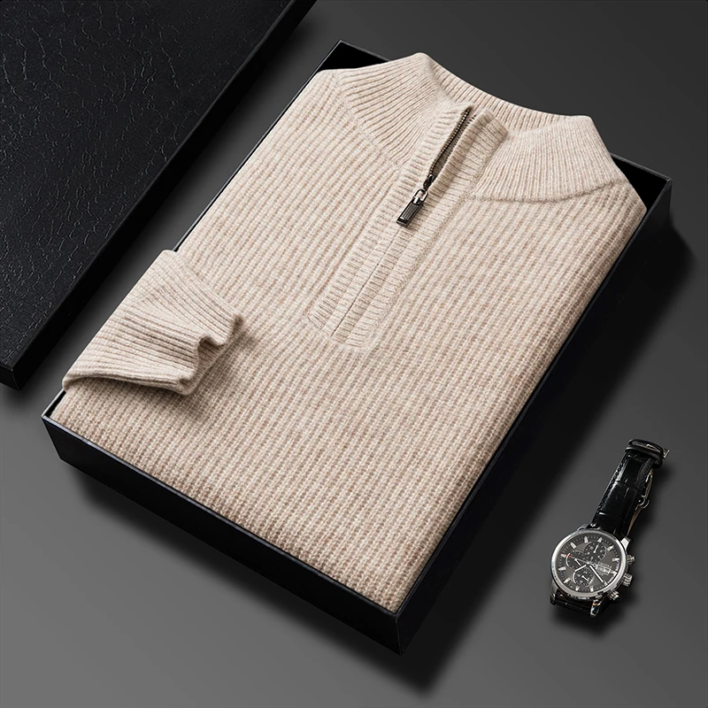 

100% Men's Wool Sweater 2023 New Winter Solid Color Vertical Stripes Thickened Zipper Business Fashion Knitted Sweater Pullover