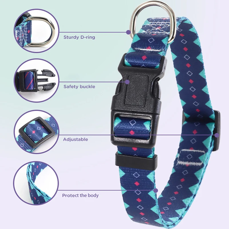 Colorful Printed Pet Collar Adjustable Dog Collar & Leashes Small Medium Dog Leash with Metal D Ring for Cat and Accessories