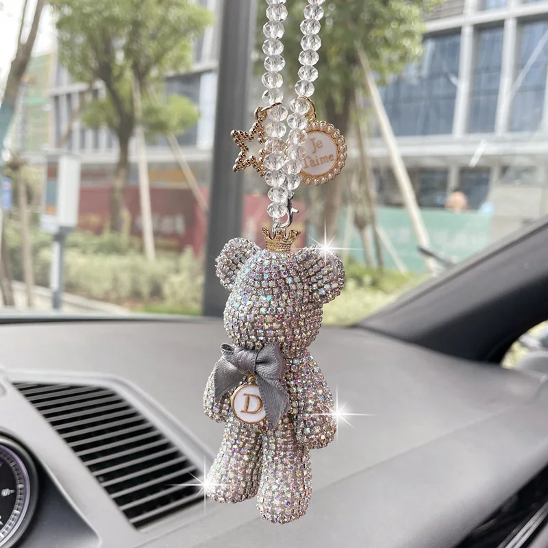 Wholesale Cartoon Diamond Crystal Bow Bear Pendant - Bling Car Mirror Hanging Ornament and Key Chain Accessory