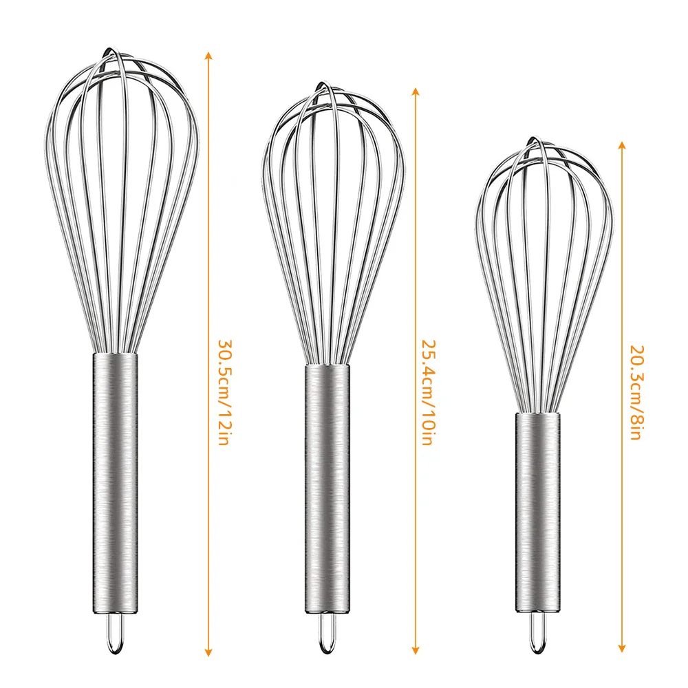 3Pcs Egg Whisk Stainless Steel Egg Beater 8/12/10inch Hand Whizzy Whisk Rustproof Hand Whisk Semi Egg Mixer Baking Tool