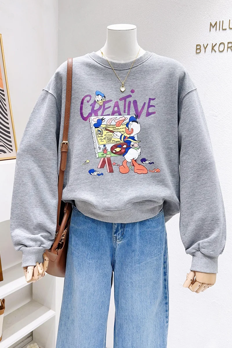 Potdemiel Spring Top Fashion Chic Sweet Cartoon Printed Shoulder Long Sleeved Short Sweatshirts Terry Cotton Sudadera De Mujer