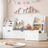 55.1’’ Kids Bookshelf with Reading Nook, Toy Storage Organizer with Seat Cushion and 3 Movable Drawers, Kids Reading Nook 1