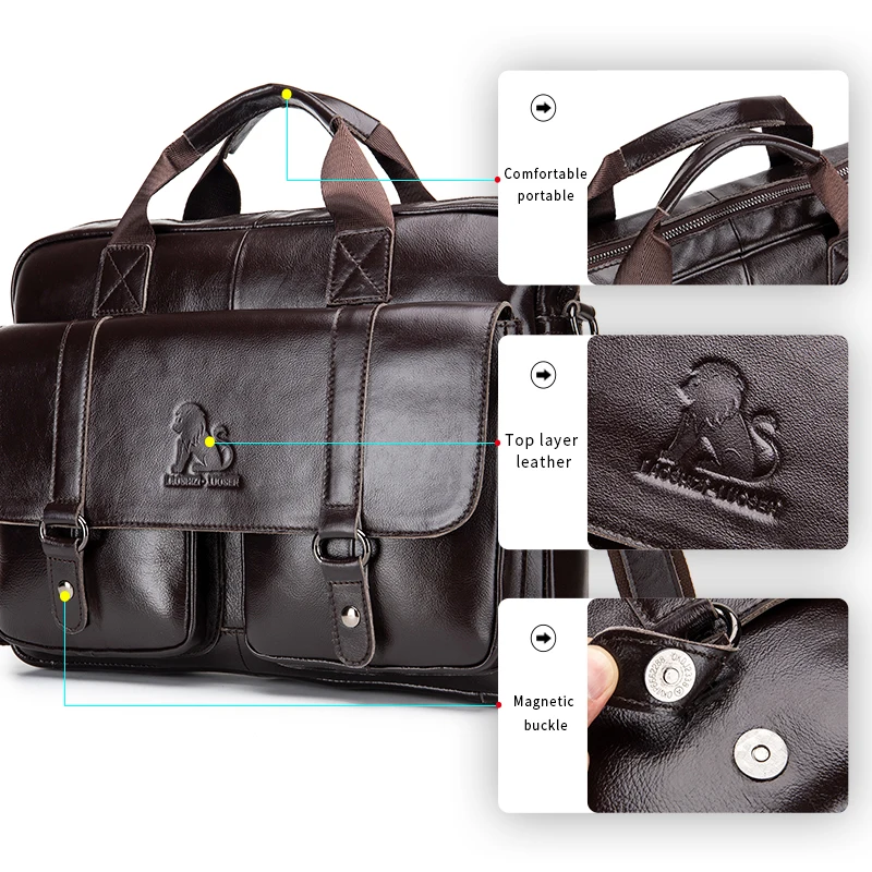 Genuine leather men's briefcase with double front pockets, large capacity computer bag, diagonal cross handbag 6