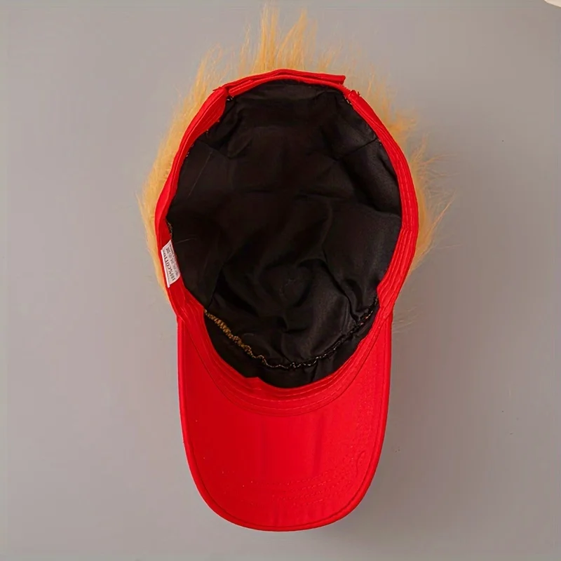 The Visor Cap - Make America Great Again is a red satirical cap with an orange synthetic hair strip inside—perfect for sparking patriotic conversations.