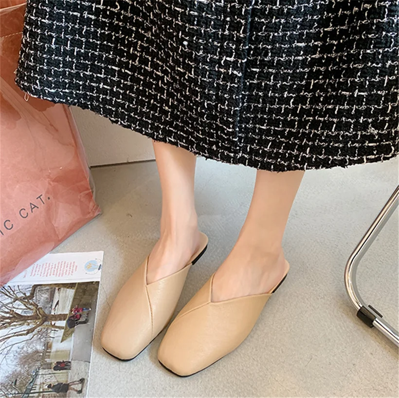 

Elegant Baotou Half Slippers Women Summer Wear Muller Shoes 2023 New Flat Sandals Casual Leather Shallow Mouth Large Size 35-43