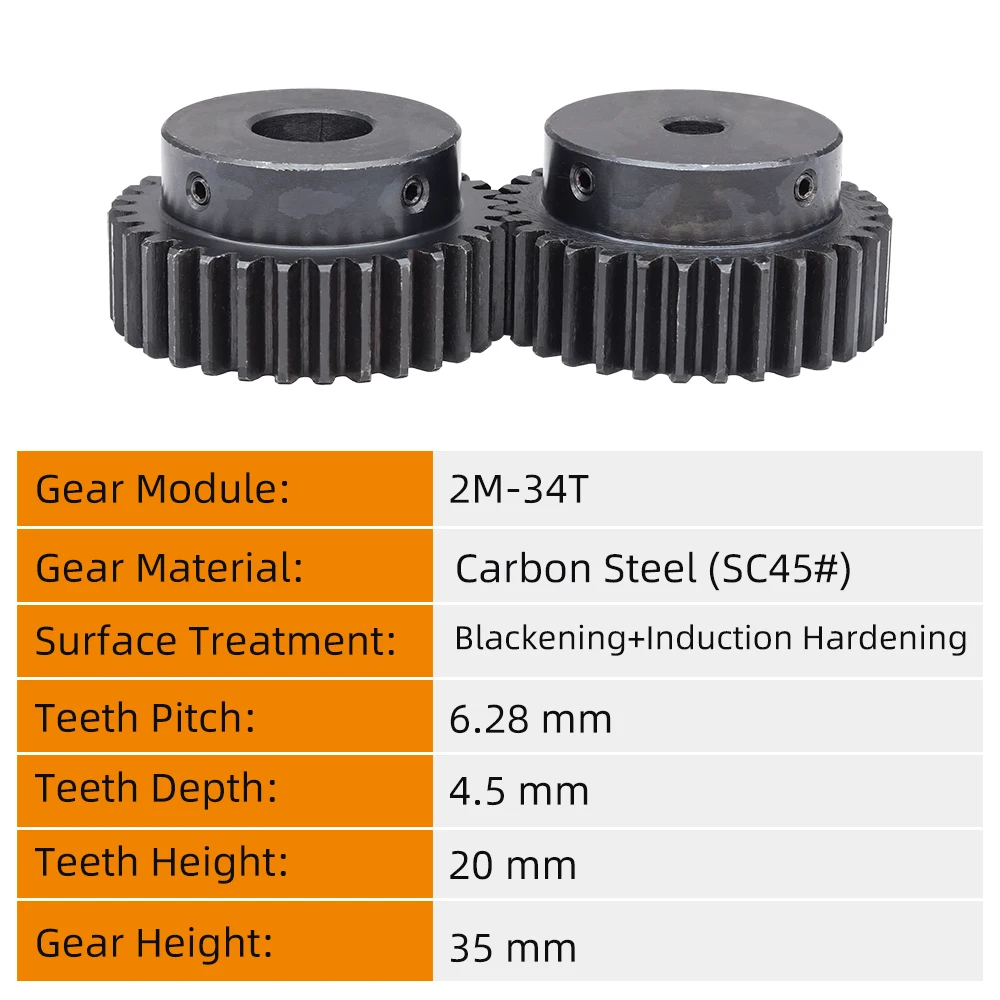 Motor Gear 2M 34T Pitch 6.28 mm Bore 10/12mm Gear Wheel Blackening SC45#Carbon Steel Material Teeth Height 20mm 2M34Teeth