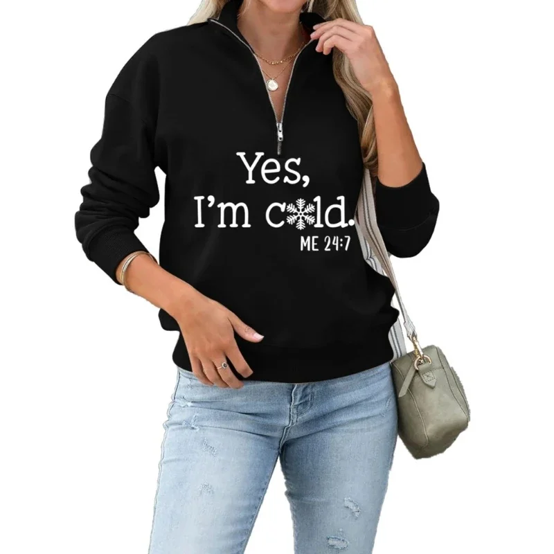 Women Yes Cold 24:7 Flower Printed Sweatshirt Casual 1/4 Half Graphic Letters Loose Long Sleeve Pullover Top 57BD