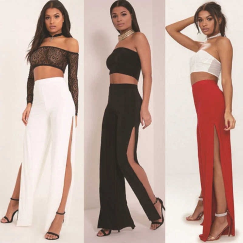 Women's Side Slit Pants Sexy Straight Leg Pants Exposed Leg High Waisted Yoga Leggings Hollow Workout Trousers Streetwear