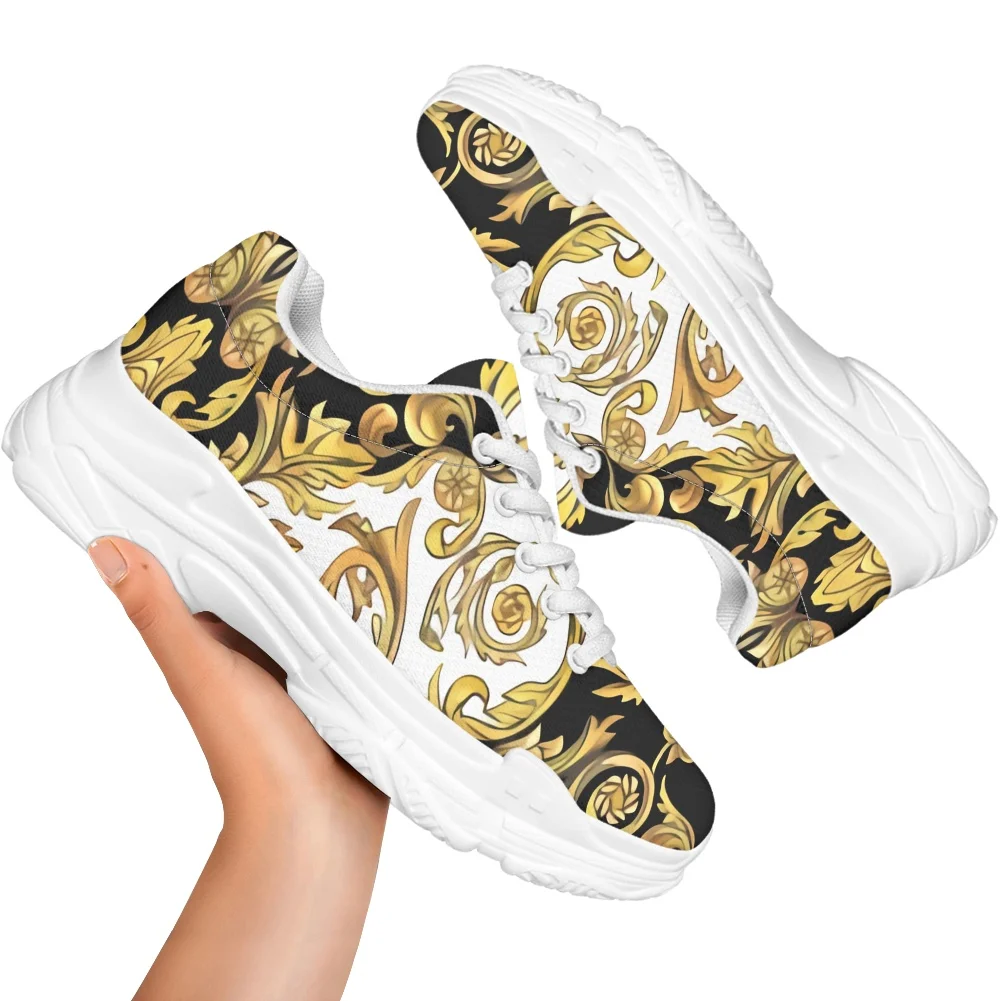 European Golden Floral Women's Shoes Lace Up Ladies Platform Sneakers Increasing Casual Comfort Flat Dropship