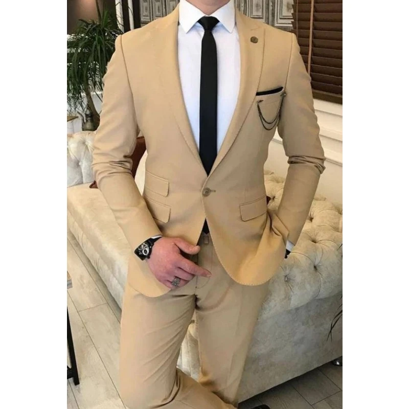 

Champagne Peak Lapel Elegant Suits for Men Costumes Customizable Full Men's Suit Wedding Dress Luxury Man Party Evening Suits