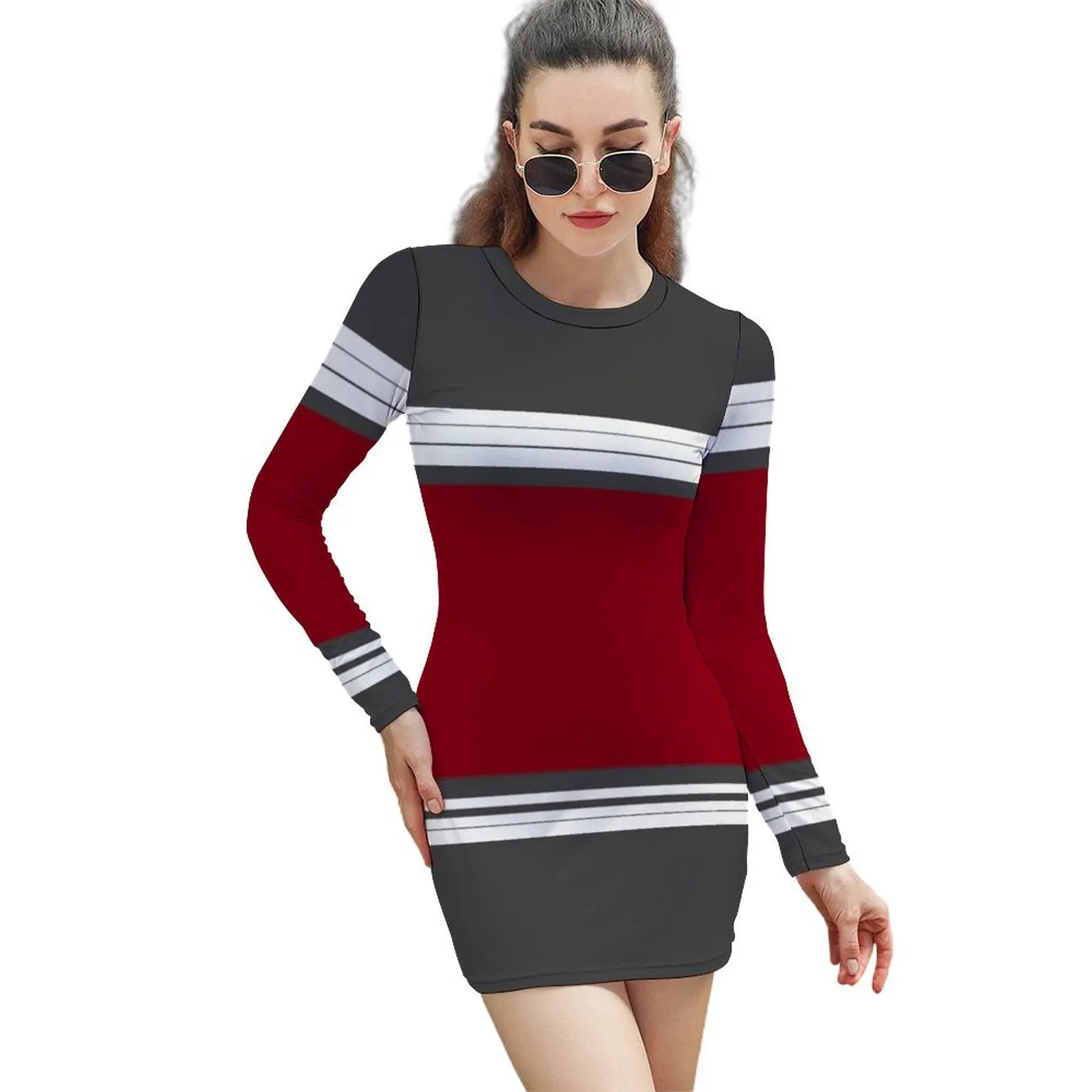 

Gray and red stripes Long-Sleeved Sheath Dress women long dresses Women's summer skirt