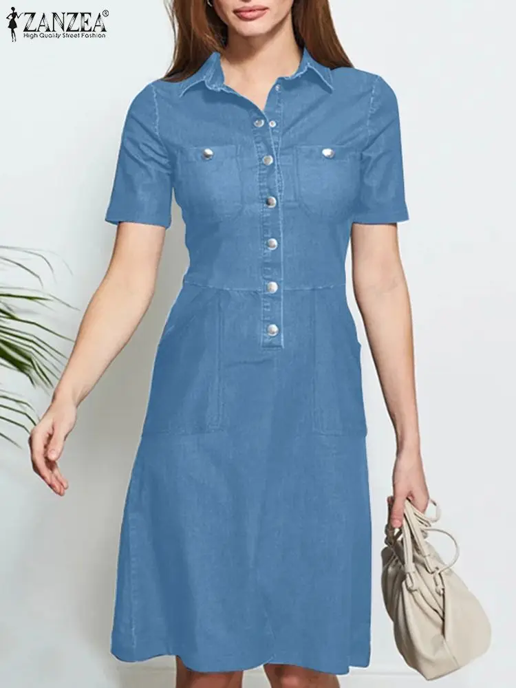 

2023 ZANZEA Fashion Solid Dresses Woman Lapel Neck Short Sleeve Dress Female Elegant OL Work Sundress Vintage Pleated Midi Robe