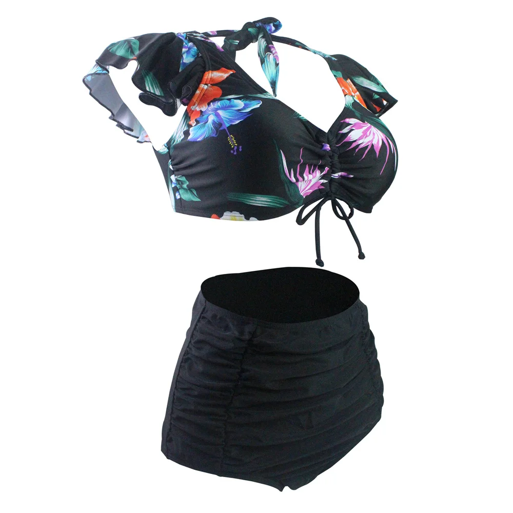 Printed swimsuit sexy bikini high-waisted triangle two-piece swimsuit women's knotted lace-up bikini