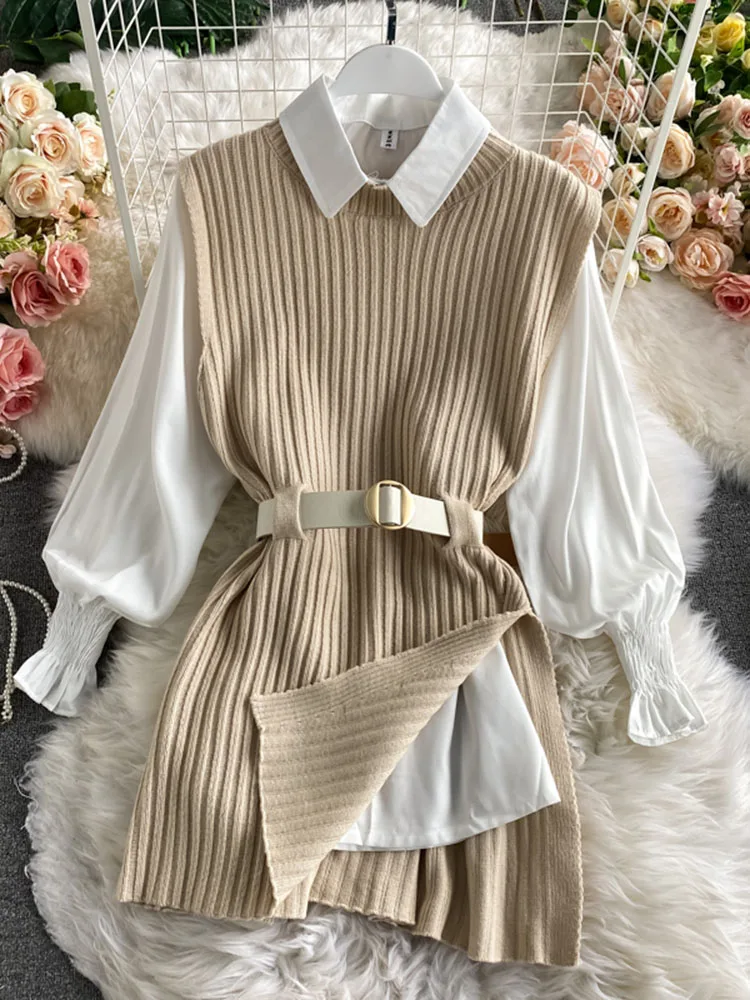 Spring Autumn Women's Lantern Sleeve Shirt Knitted Vest Two Piece Sets of  College Style Waistband Vest Two Sets Top UK900 - AliExpress