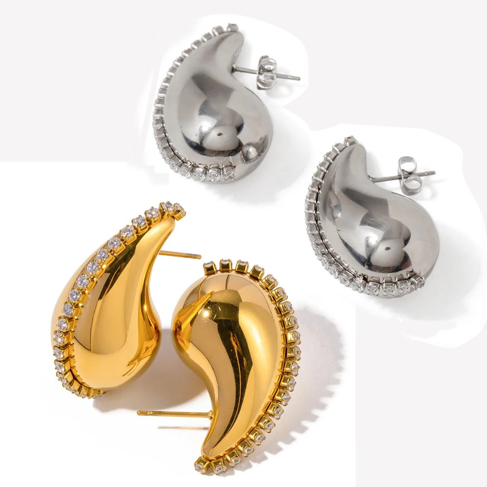 Orecchini Pendenti Con Goccia D'Acqua A Goccia Spessa In Acciaio Inossidabile Lucidato Dupes Cerchi Martellati Con Strass A Goccia Color Oro Leggero